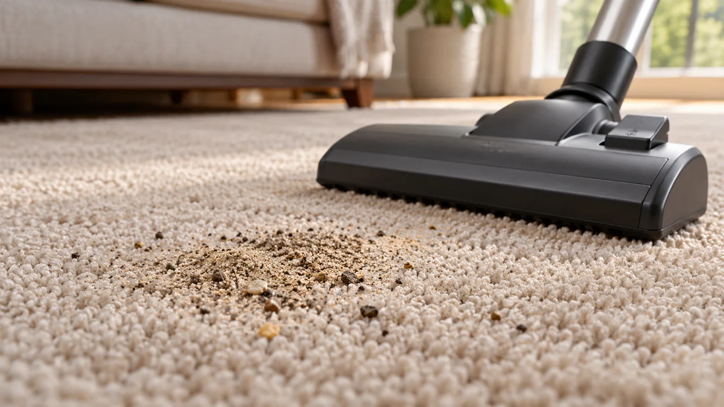 Close-up of beige carpet fibers with a small patch of dry grit and a vacuum head nearby.