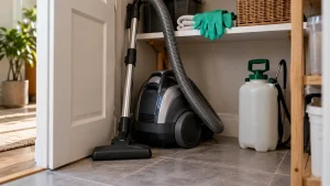 A vacuum parked in a utility cupboard beside an unopened plain pest-control container and gloves on a high shelf.