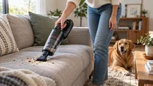 A cordless handheld car vacuum cleaning crumbs from a fabric sofa.