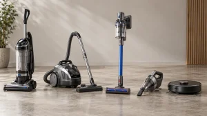An upright, canister, cordless stick, handheld and robot vacuum arranged separately in a spacious neutral studio.