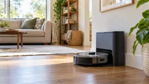A robot vacuum docked at the end of a cleaning run in a tidy room.