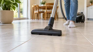 A soft-bristled suction-only vacuum floorhead on pale ceramic tiles with visible grout lines.