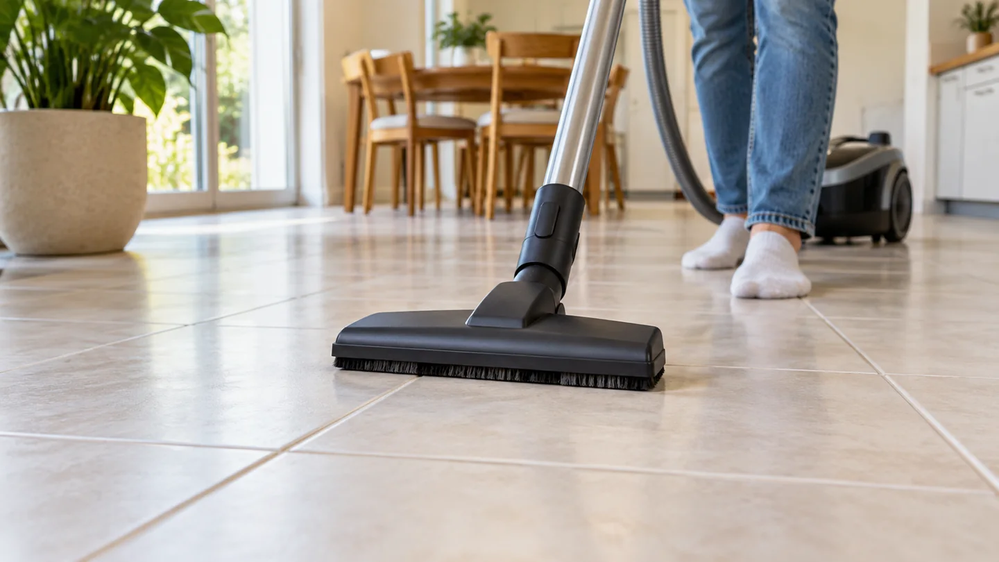 A soft-bristled suction-only vacuum floorhead on pale ceramic tiles with visible grout lines.