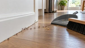 A small trail of ants near a kitchen baseboard with a dustpan and hand broom nearby.