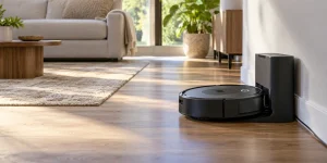 A robot vacuum properly docked at its charging station with ample approach space, subtle indicator light.