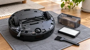 A robot vacuum upside down on a padded maintenance mat with dustbin, dry brush and clean filter neatly beside it.