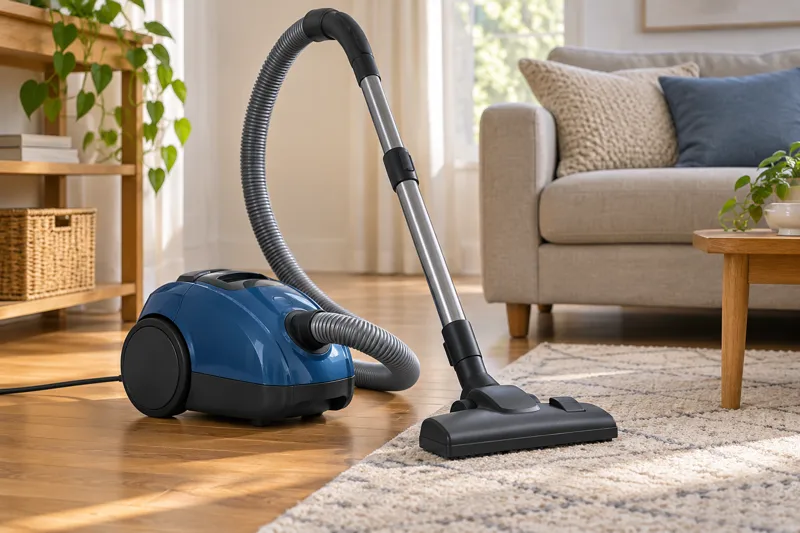 Compact canister vacuum with hose and floorhead beside a rug