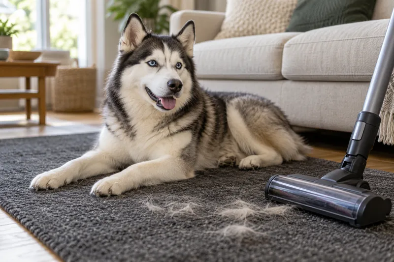 Husky beside a vacuum on a rug with shed fur