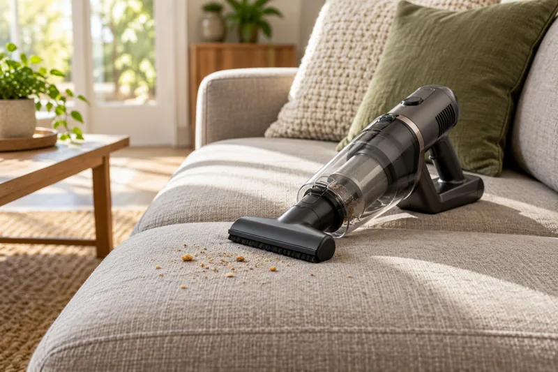 Handheld vacuum cleaning crumbs from a sofa cushion