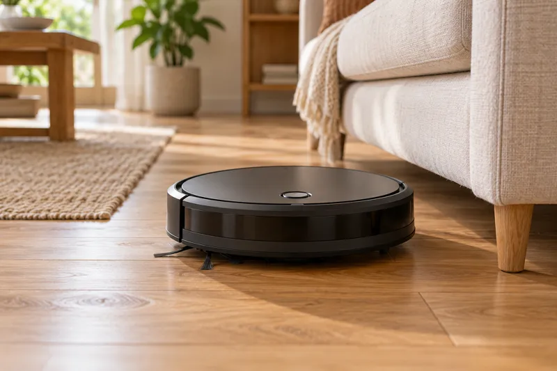 Robot vacuum with a physical start button on a wood floor beside a sofa