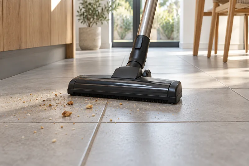Vacuum floorhead picking up crumbs on ceramic tile