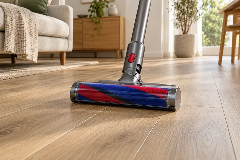Soft roller vacuum head on wood-look vinyl planks