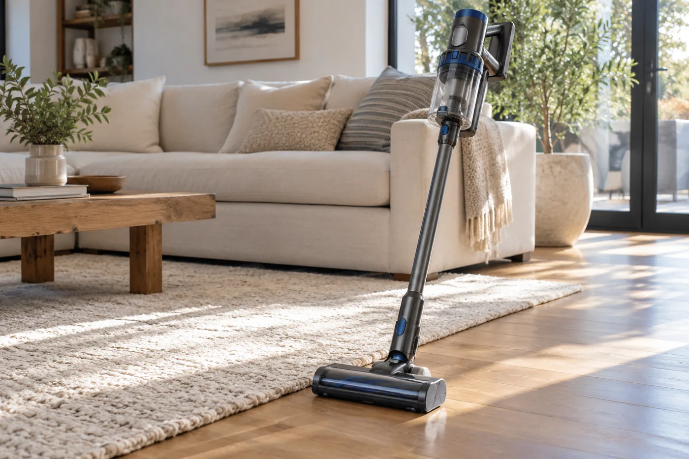Cordless stick vacuum beside a cream rug on a sunlit wood floor
