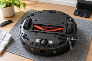 The underside of a robot vacuum on a clean maintenance mat showing wheels, sidebrush and sensors, realistic intact hardware.
