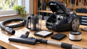 An unplugged canister vacuum with its open dust compartment, intact filters and hose laid out neatly on a workbench.