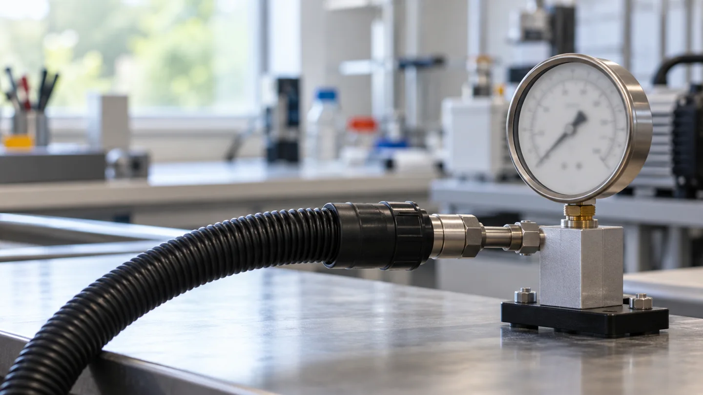 A vacuum hose connected to a simple laboratory pressure gauge on a clean testing bench, gauge face blurred without legible numbers.