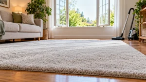 A freshly cleaned carpet drying in an airy living room with open windows and a vacuum stored off the damp carpet.