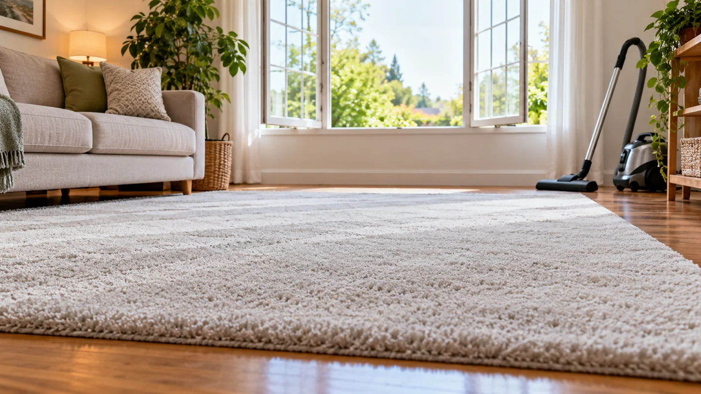 A freshly cleaned carpet drying in an airy living room with open windows and a vacuum stored off the damp carpet.