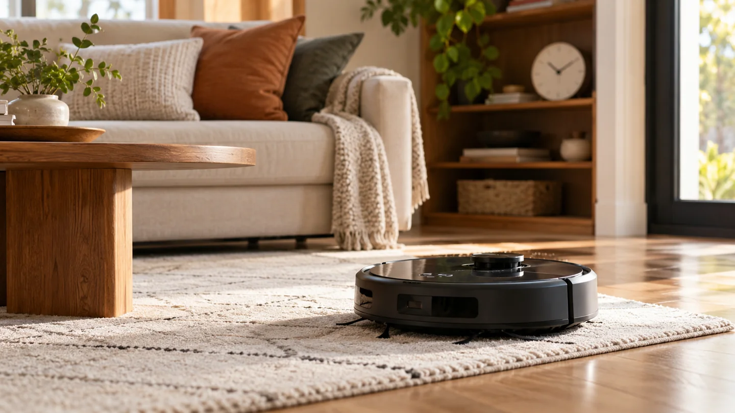 A robot vacuum cleaning a spacious living room, a simple unmarked analog clock softly blurred on a shelf.