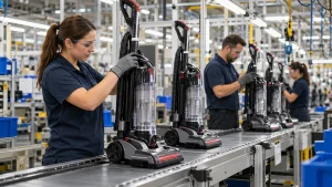 A row of upright vacuum cleaners undergoing visual inspection in a realistic modern appliance assembly factory.
