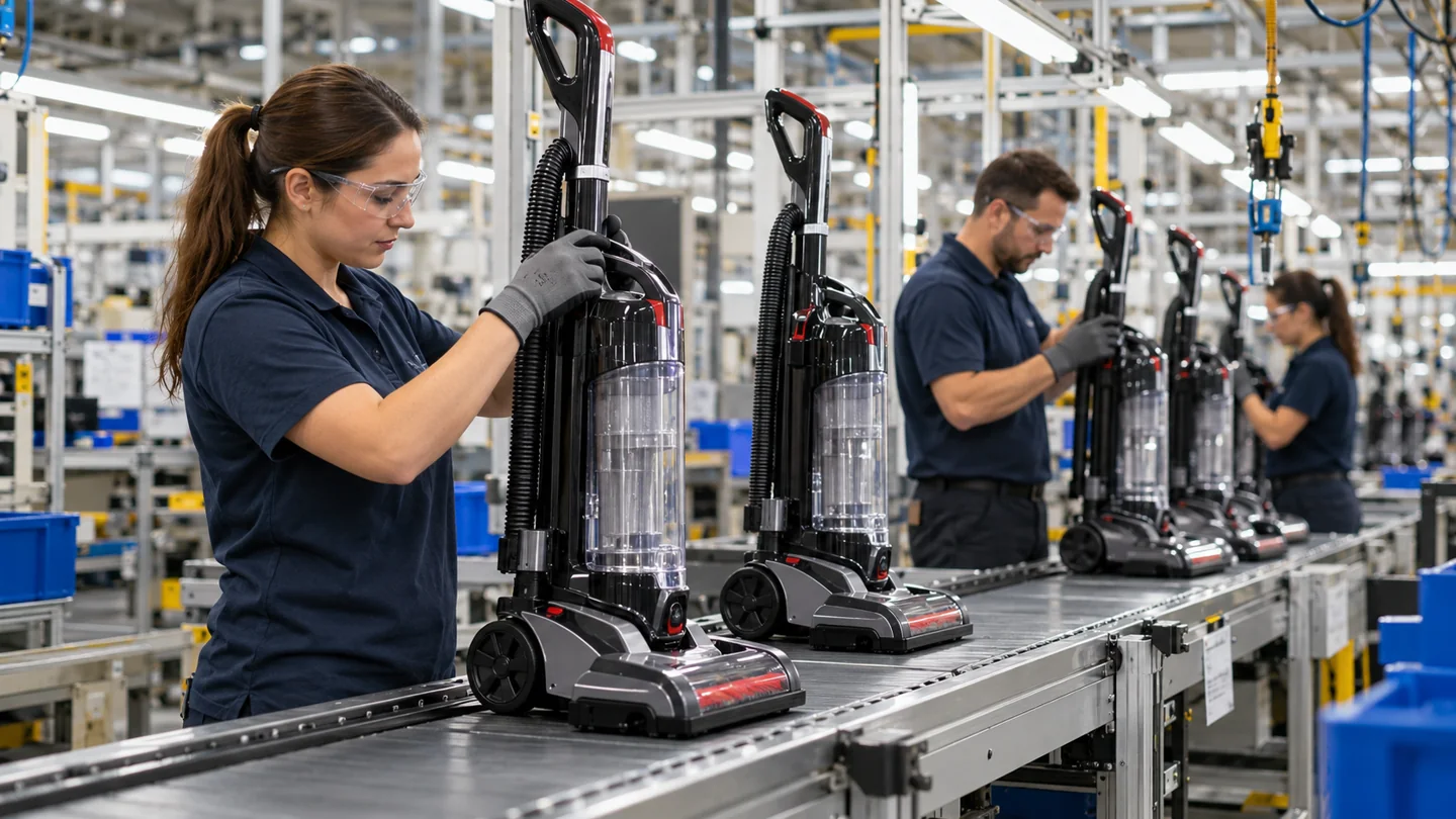 A row of upright vacuum cleaners undergoing visual inspection in a realistic modern appliance assembly factory.