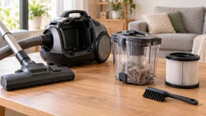 An unplugged canister vacuum with removable dustbin, dry filter and small cleaning brush laid out on a clean table.