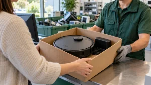 An intact old robot vacuum and charging base in a cardboard box at a tidy electronics recycling counter.