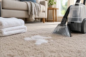 A small patch of soap suds on carpet with clean white towels and a compact carpet extractor standing nearby.
