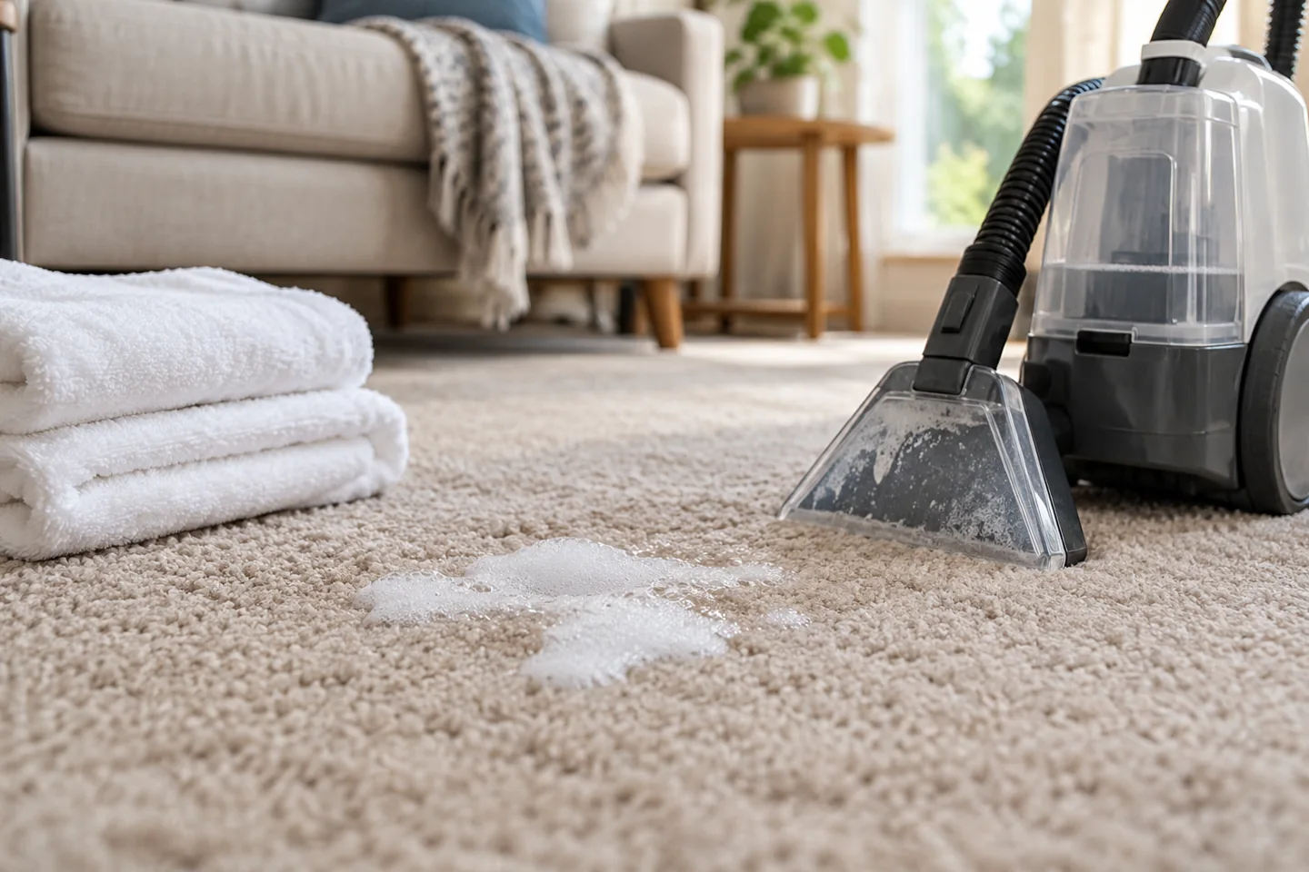 A small patch of soap suds on carpet with clean white towels and a compact carpet extractor standing nearby.