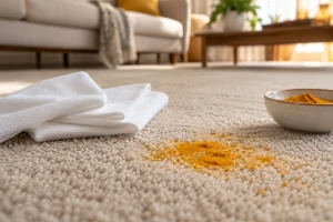 A small yellow turmeric stain on a beige carpet beside clean white blotting cloths.