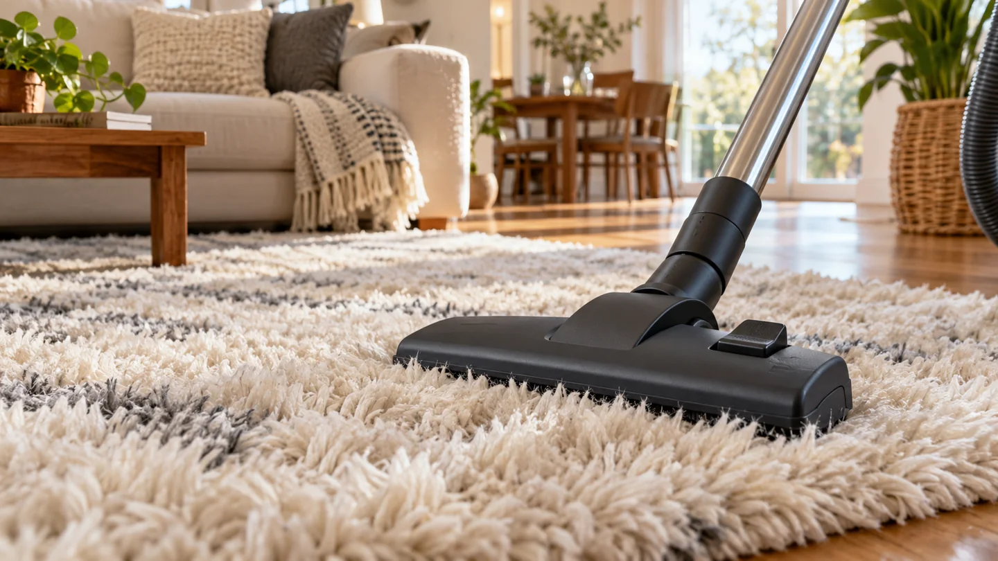 A suction-only vacuum nozzle gently resting on a long-pile shag rug, wide inviting interior.
