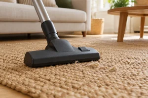 Suction-only vacuum head beside loose natural fibers on a woven jute rug.