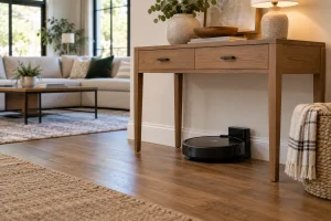 A robot vacuum charging at a neatly placed dock beneath a console table with generous clear approach space, airy living room.