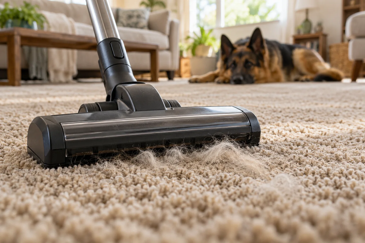 Vacuum floor head collecting dog hair from beige carpet with a German Shepherd in the background.