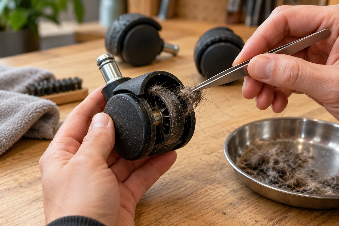 Hands removing tangled hair from a detached office chair caster with tweezers at a workbench.