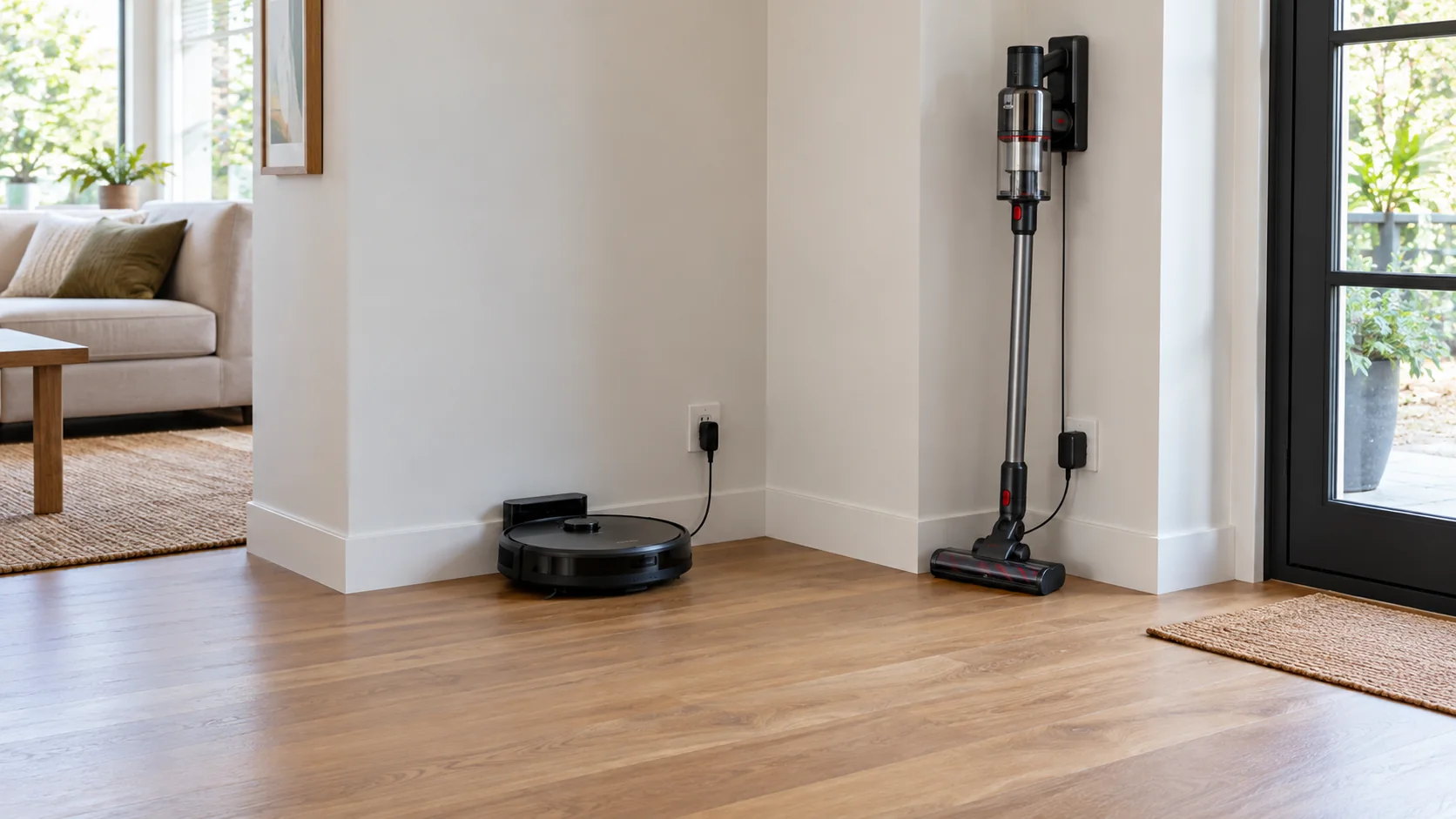 A robot charging dock with clear approach space and a cordless vacuum stored on a nearby wall mount.