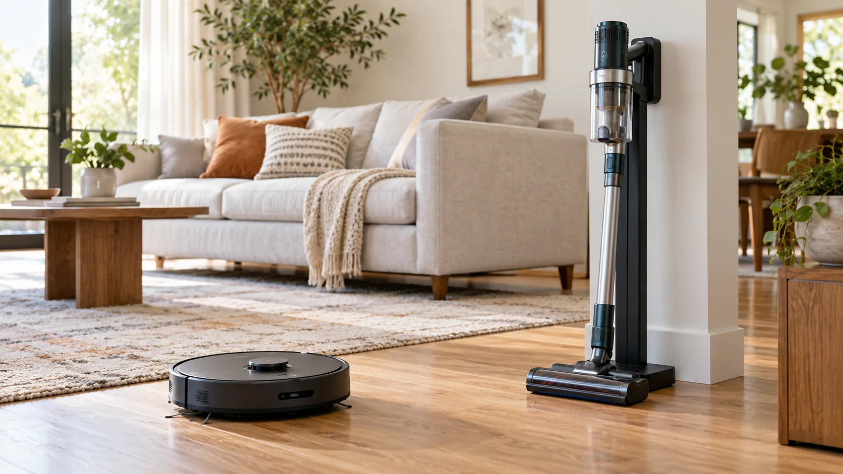 A round robot vacuum beside a cordless stick vacuum in its charging stand.