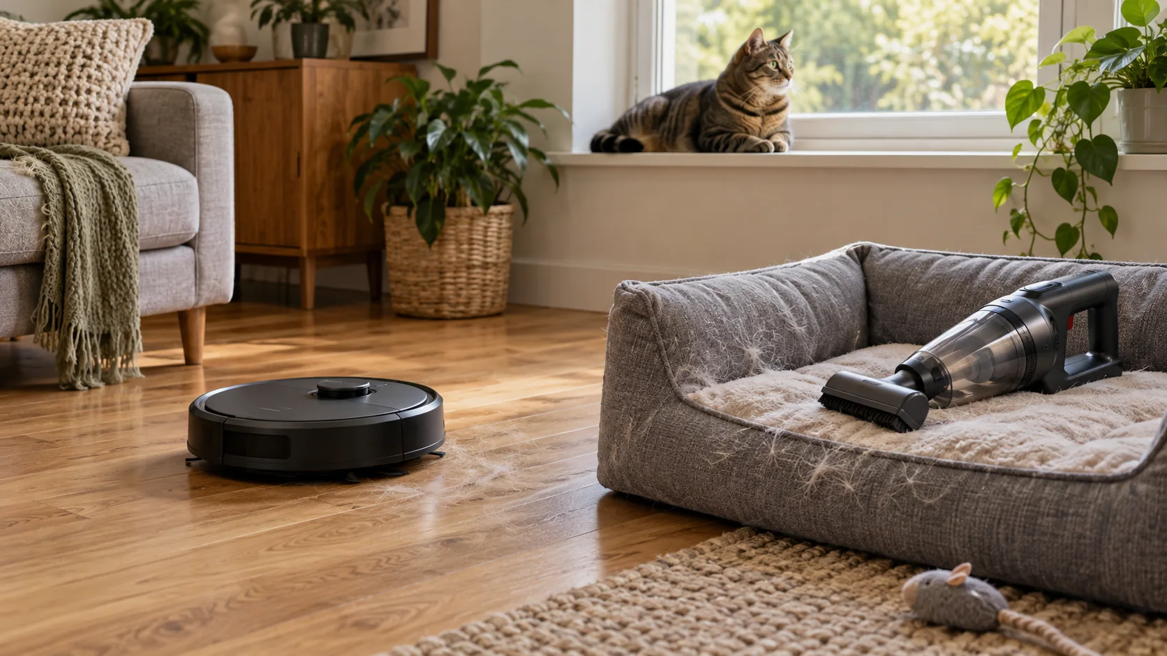 A robot vacuum on the floor beside a pet bed with a cordless handheld vacuum and a cat nearby.