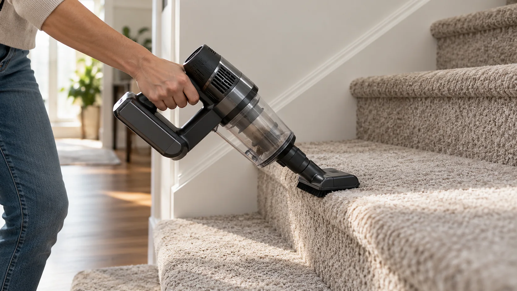 A cordless handheld vacuum with an upholstery nozzle being used on a carpeted stair.