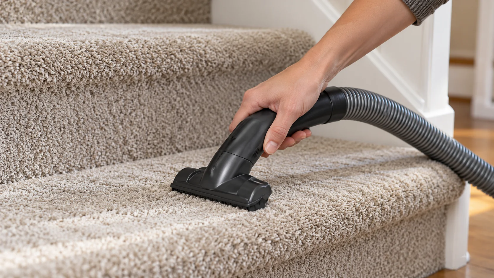 A small upholstery nozzle connected to a vacuum hose being used on a carpeted stair.
