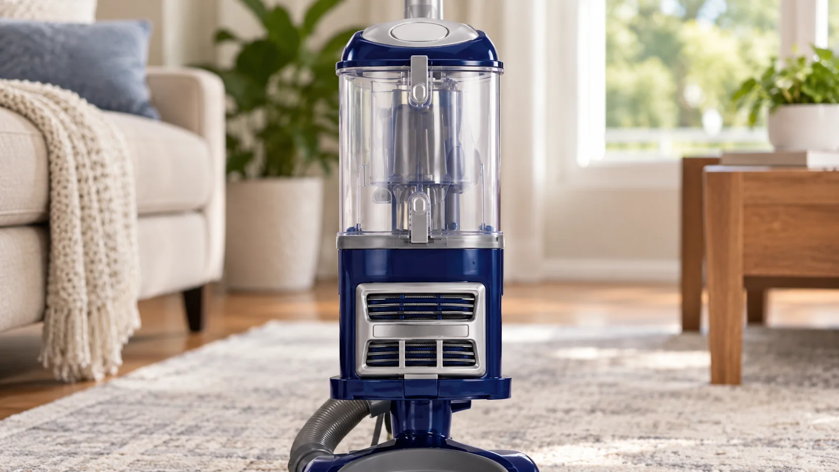 Reference-based close-up of the Shark NV360 dust cup and front filter housing.