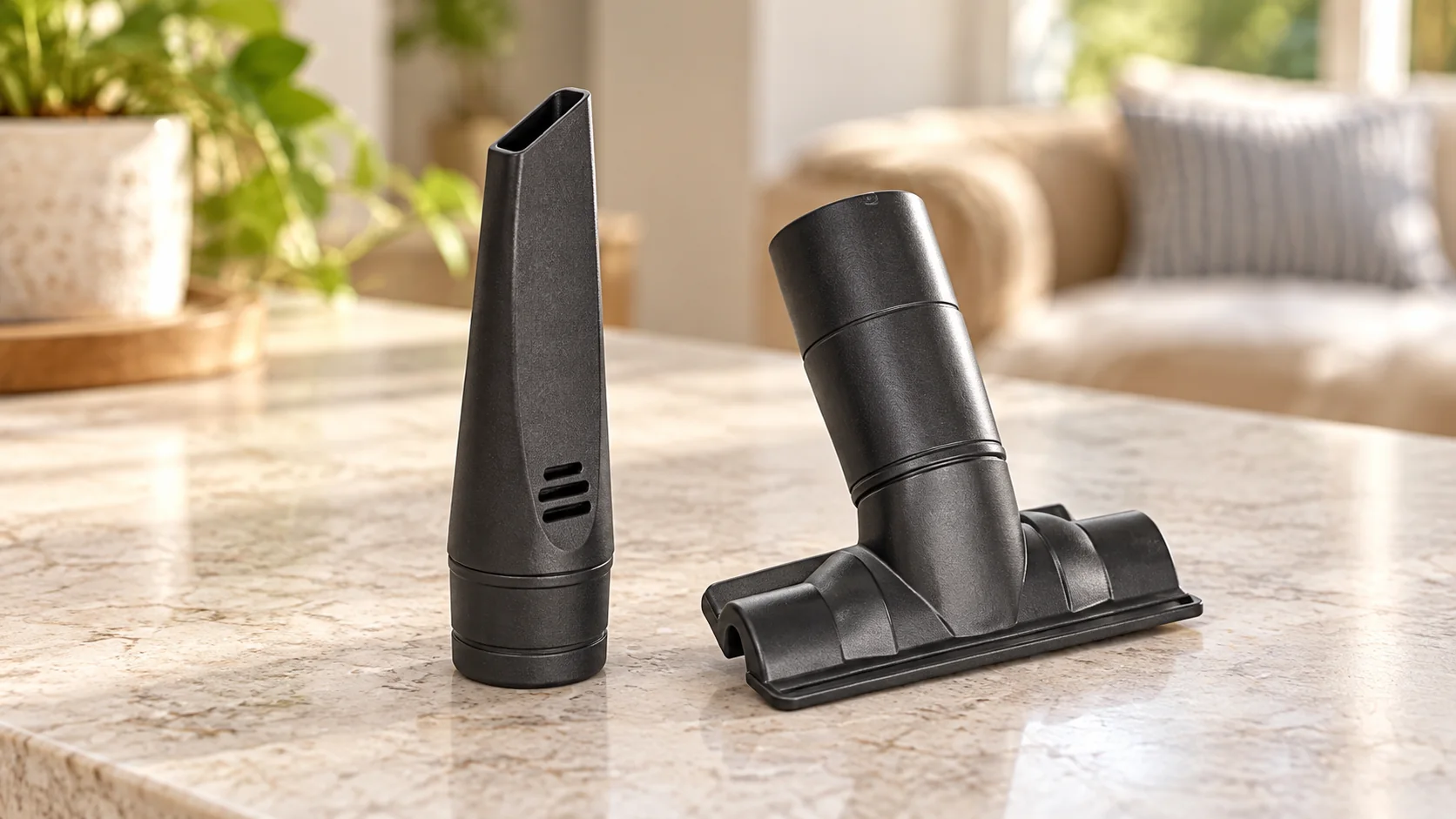 A narrow crevice tool and a wider upholstery nozzle arranged on a neutral surface.