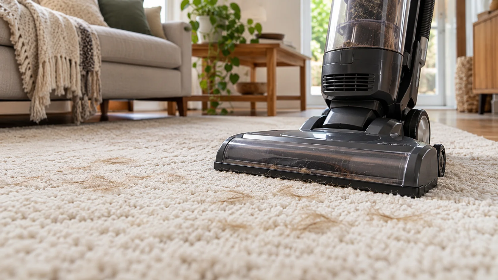 An upright vacuum floor head resting on a carpet with visible dog hair.
