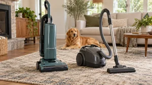 An upright vacuum and a canister vacuum on a rug with a golden retriever behind them.