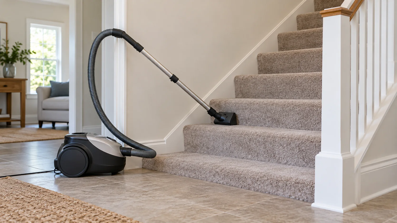 A canister vacuum stable on the floor below carpeted stairs with a small tool reaching a tread.
