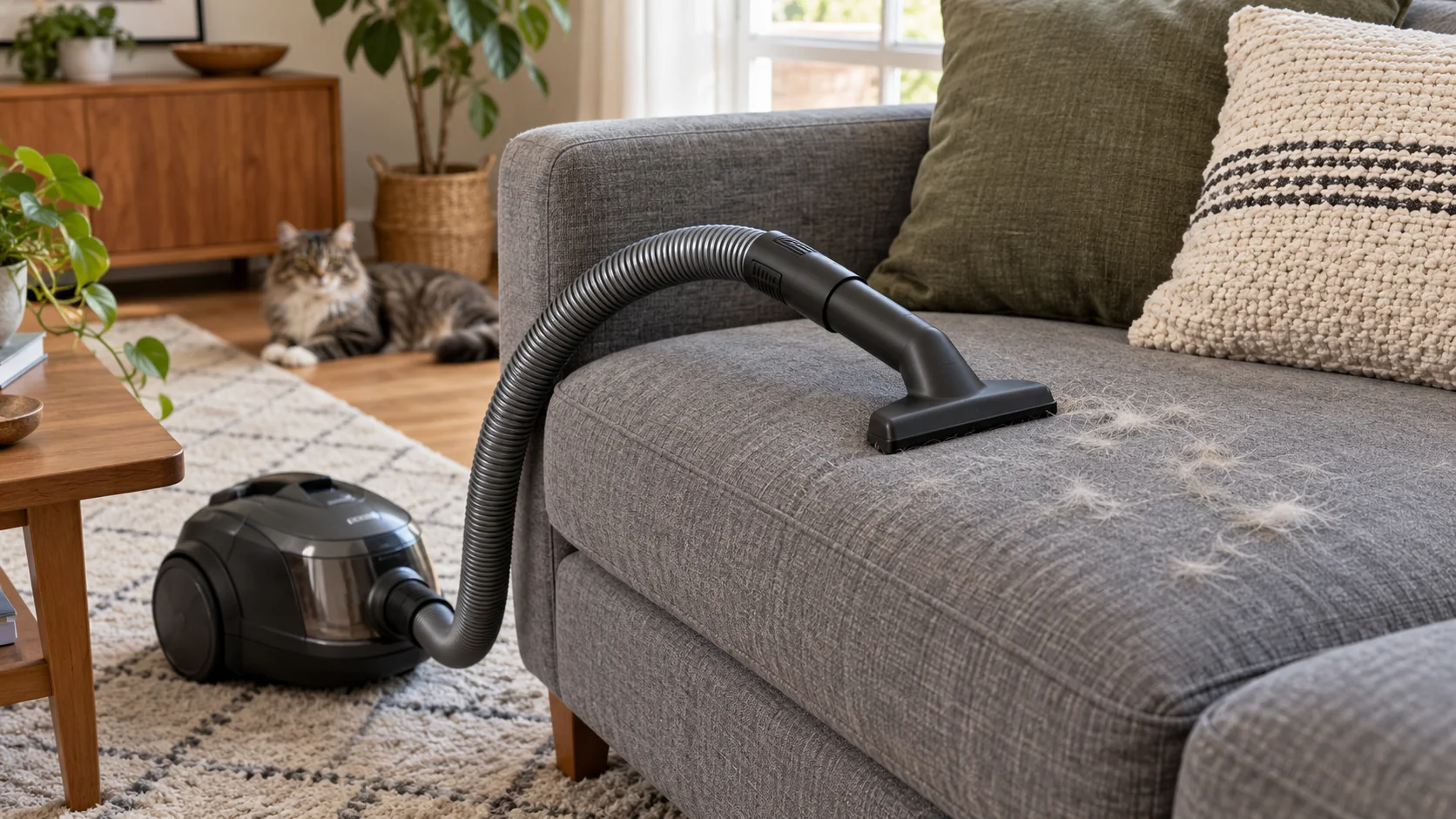 A compact upholstery nozzle connected to a canister vacuum beside cat hair on a sofa.
