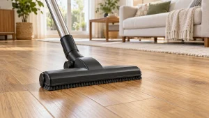 Soft-bristled suction floor head on wood-look vinyl plank flooring.