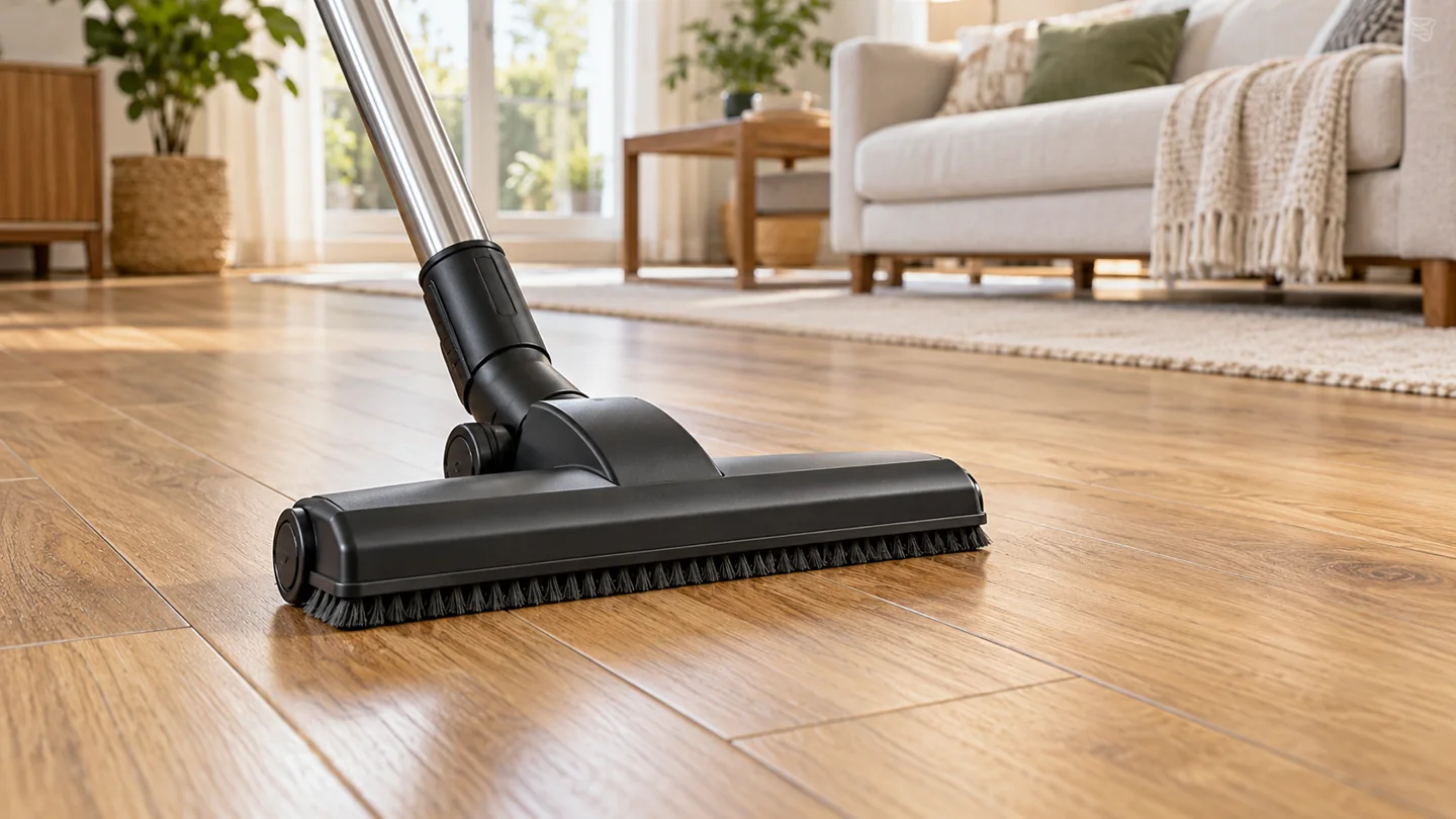 Soft-bristled suction floor head on wood-look vinyl plank flooring.