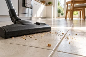 Vacuum floor head beside scattered crumbs on a ceramic tile kitchen floor.