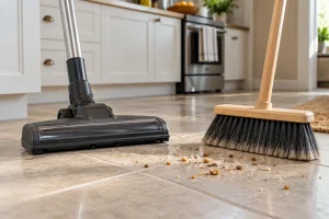 A vacuum floorhead and a broom side by side at the edge of a tiled kitchen floor with a few dry crumbs.